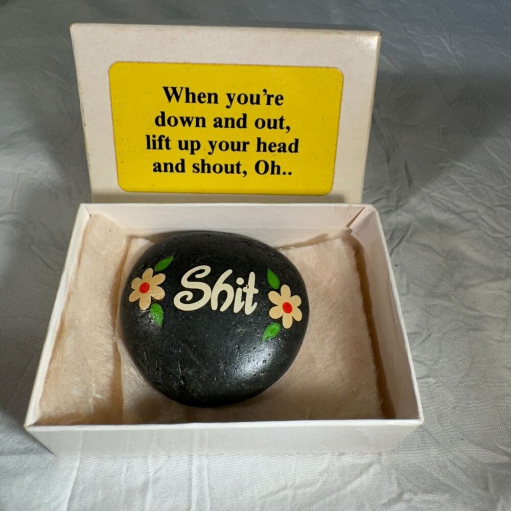 Vintage Decorative Humor Gift Box With Painted Stone - "Shit" With Flowers